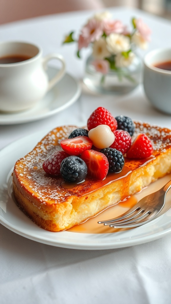 A slice of French toast topped with syrup and berries on a breakfast table.